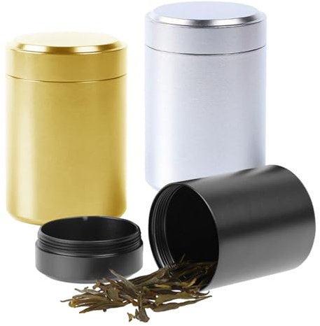 Megcdtr Aluminum Storage Jar, 3 Pcs Portable Smell Proof Container, Multipurpose Proof Air Tight Jars, Compact Metal Travel Storage Jar for Tea Coffee Sugar Biscuits Spices(Black, Silver, Gold/60ml)