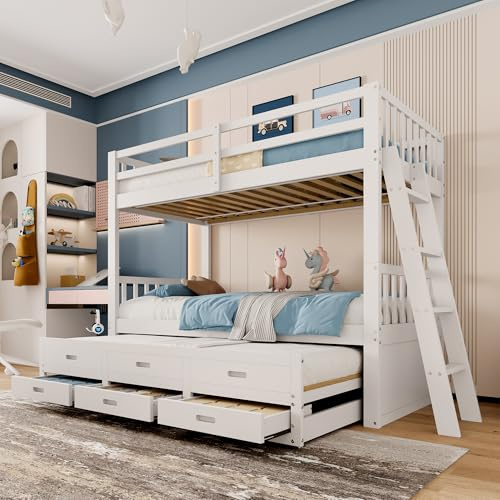 Kebnor Litera de 90 x 200 cm, cuna, cama para niños y niñas, estructura de madera de pino y MDF con escalera y cama extraíble y 3 cajones, sin colchón (blanco)