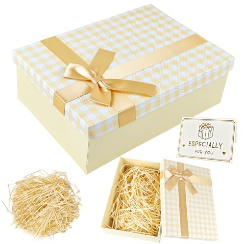 YIMETOP Geschenkbox mit Deckel, 25 x 18 x 9 cm Geschenk Box Karton Groß mit Schleife Grußkarte und Bast, Faltbare Geschenkverpackung Box für Geburtstag Hochzeit Weihnachten, Valentinstag (Gelb)
