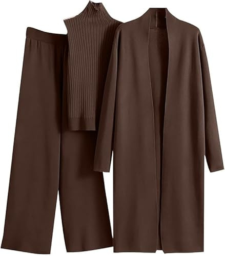 Women's 3 Piece Knit Lounge Set, Long Sleeve Cardigan Sleeveless Turtleneck Tank Top and Wide Leg Pants Coffee