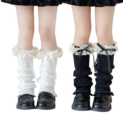 KASESSS 2 Paia Morbidi Scaldamuscoli Bambina, Scalda Muscoli Invernali Calzini Lunghi Con Fiocco In Pizzo Arricciato, Graziosi Leg Warmers Per Bambine E Ragazza Dai 6 Ai 12 Anni, Bianco Nero