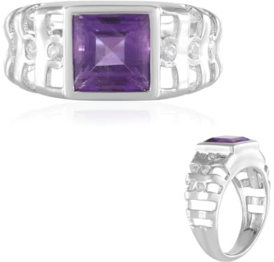 Cavill Sibirischer Amethyst Ring 2,193 ct quadratischer Treppenschliff, Amethyst Silberring mit 925er Sterling Silber Platinplattiert & 6 kambodschanischen Zirkonen, Statement Schmuck