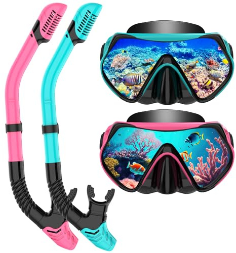 Schnorchelset Erwachsene, Schnorcheln Set mit Anti-Fog Taucherbrille und Dry Schnorchel, Professionelle Schnorchelmaske Tauchmaske aus Gehärtetem Glas für Schnorcheln (Pink+Green)