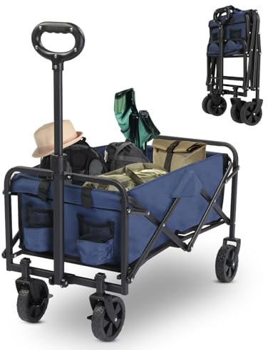 LEADZM Bollerwagen faltbar - belastbar bis 100kg –74,5 x 45 x 85 cm, mit All-Terrain-Reifen und Bremsen, kompakter Bollerwagen platzsparend zusammenklappbar für Camping & Einkäufe (Blau)