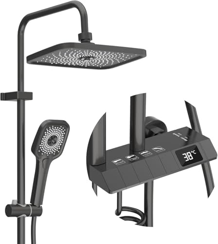 Ladokee Duschsäule, Grau, Set mit LED-Anzeige, 4 Funktionen, 3 Duschmodi, höhenverstellbar, Drucksprühpistole zur Reinigung von Badezimmer und Tieren