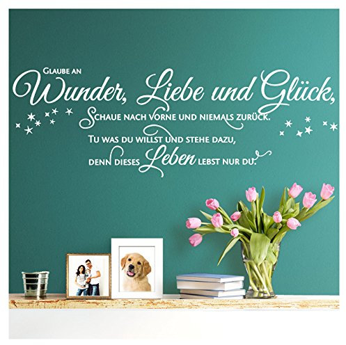 Grandora Wandtattoo Spruch Glaube an Wunder Liebe und Glück I weiß (BxH) 130 x 41 cm I Wohnzimmer Flur Sticker Aufkleber Wandsticker Wandaufkleber W5393