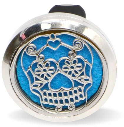 Zenarôme - Aroma Diffuser Clip Calavera - Edelstahl Lufterfrischer für Auto-Lüftungsgitter - Einfache Anwendung - Aromatherapie - inkl. 5 wiederverwendbarer Filzpads für Ätherische Öle oder Parfum