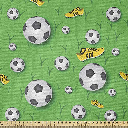 ABAKUHAUS Fußball Stoff als Meterware, Schuhe Bälle auf Gras, ausdehnbar mit Elestan für Heimwerkarbeiten und Näharbeiten, 1Meter, Schwarz Gelb