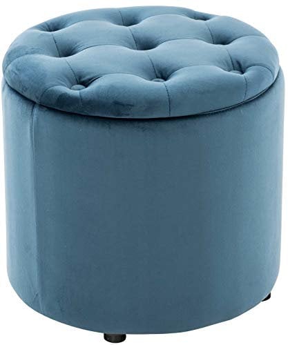 CLP Sitzhocker Pantin Samt I Polsterhocker Mit Stauraum I Gesteppter Hocker Mit Zierknöpfen I Runder Hocker Gepolstert, Farbe:blau