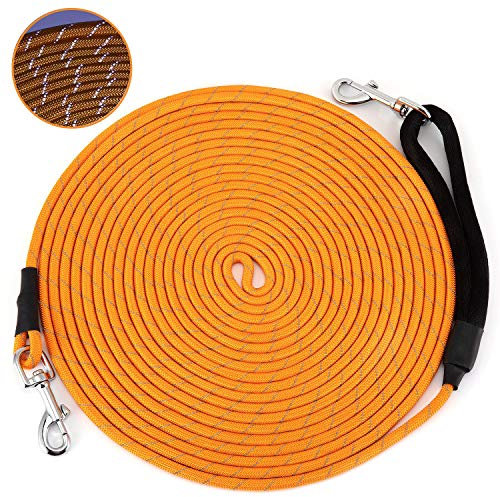 HAPPY HACHI Schleppleine für Hunde, Reflektierend Schleppleine Hundeleine mit Handschlaufe & 2 Karabinerhaken, Robuste Geflochten Trainingsleine für Kleine bis Große Hunde (Orange, 10m)