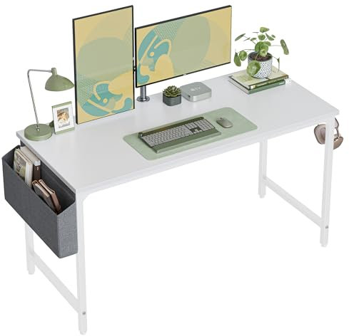 CubiCubi Computer Desk with Bag, 160cm Office Desk Study Writing Table for Home Office, Modern Simple Style, White Metal Frame, White