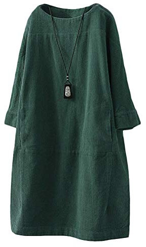 FTCayanz Robe Femme Oversize Tunique Velours Côtelé T-Shirt Robe Lâche Élégante Coton Longue Tops Vert foncé L