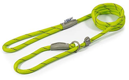 Ancol Viva Reflective Rope and Leather Slip Dog Lead - Lime - Lightweight Weatherproof Durable Puppy Training Accessory - 1.2m x 10mm