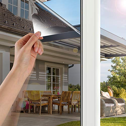 WAENLIR One Way Window Privacy Film, Anti UV Heat Control Static Cling Mirror Reflective Window Tint for Home Office Daytime Privacy, Non adhesive (Black Sliver, 44.5x200 cm)