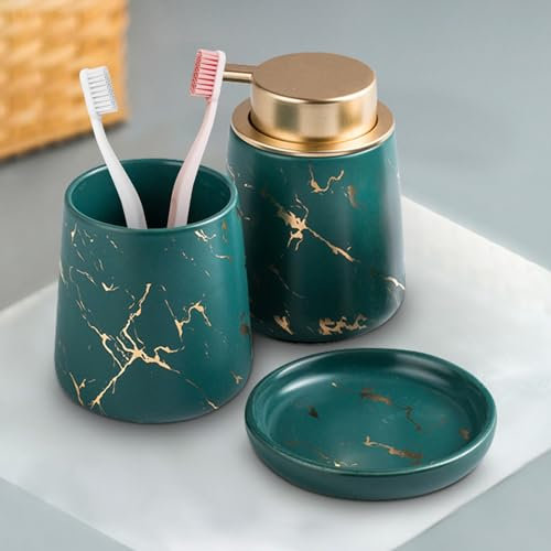 Ceramic Bathroom Accessories Set - 3 Piece Creative Bath Set with Toothbrush Holder, Toothbrush Cup, Soap Dish, Soap Dispenser, Bathroom Counter Accessories Sets(Dark Green)