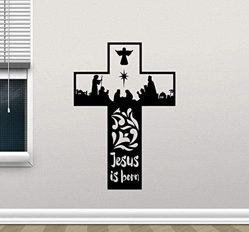 Wandaufkleber Vinyl Abnehmbare Wandtattoo Jesus Christus zusammen mit Kreuz Wandtattoo Wohnzimmer Religiöses Schlafzimmer Tapete 57X82Cm geboren