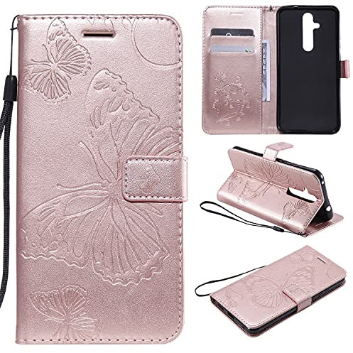 nancencen Handyhülle Kompatibel mit Nokia 8.1 Plus / X71,Geldbörse PU Leder Flip Cover Schutzhülle Hülle Klapphalterungsfunktion -Einfarbig Schmetterling Roségold