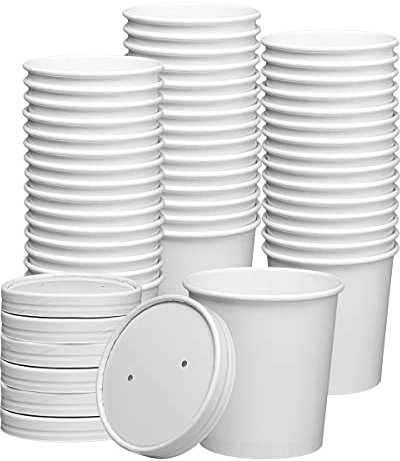 Comfy Package [50 Sets] 16 oz. Paper Food Containers with Vented Lids, to Go Hot Soup Bowls, Disposable Ice Cream Cups, White -