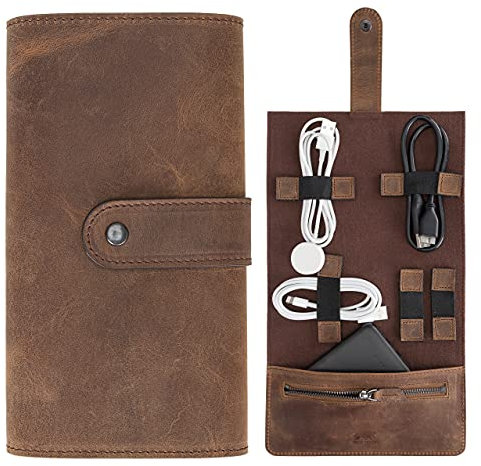 Solo Pelle Borsa elettronica organizer universale da viaggio, cavo elettronico, accessorio per cellulare, cavo, disco rigido, chiavette USB, LENA (marrone vintage)