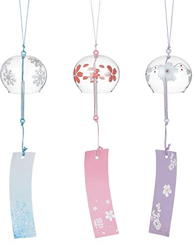 BENECREAT 3 pièces Carillons Éoliens Japonais Rose/Bleu/Violet Cloches à Vent en Verre Pendentifs Faits à la Main pour Cadeau d'anniversaire et Décoration de la Maison