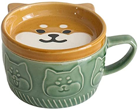 Liseng de café japonesa de cerámica creativa Shiba Inu Panda con tapa para el hogar, par de leche, de desayuno, de agua (verde)