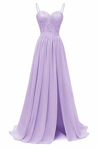 N/ C Abito da damigella d'onore da donna con scollo a V e spalline in pizzo chiffon spacco lungo da sera in pizzo, Lilla, 34