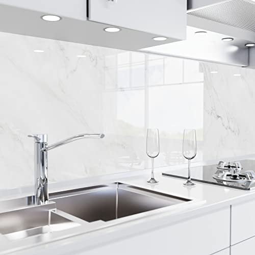 danario Crédence Adhésive pour Cuisine - Aspect Verre | Protège Mur Cuisine | Mural décoratif Autocollant | 0,8 mm | Blanc marbré - 60cm x 340cm
