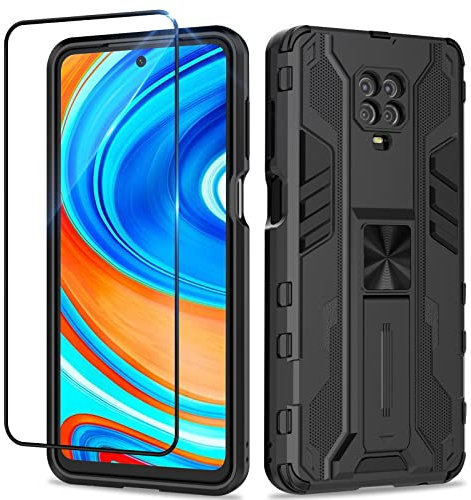 Btstring Hülle kompatibel mit Xiaomi Redmi Note 9 Pro/Redmi Note 9S mit Schutzfolie, Militär Standard Cover Case Standfunktion Handy Hüllen Schwarz