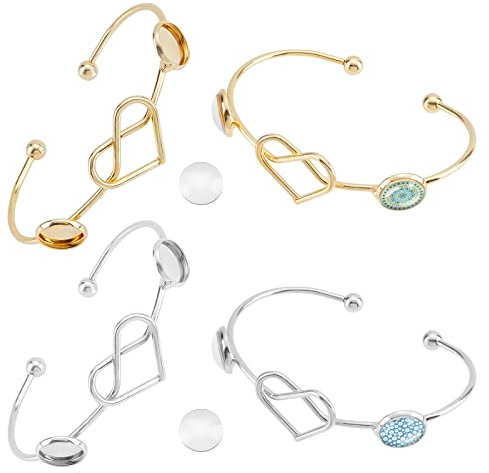PandaHall 4 Stück Armband Armreif Blank Basis Mit Herz Doppelschalen Metall Manschette Armreif Lünette Mit 10 Stück 12mm Klarglas Cabochons Für Armbänder Armbänder DIY Schmuck, Golden/Platin