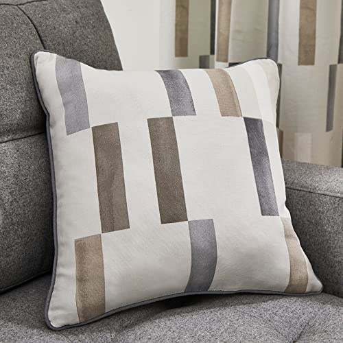Fusion Natural Geometric Cushion 43 x 43cm – 100% Cotton – Filled Cushion with Rectangle Tile Print – Soft Natural Cream Cover Included – Matching Curtains Available