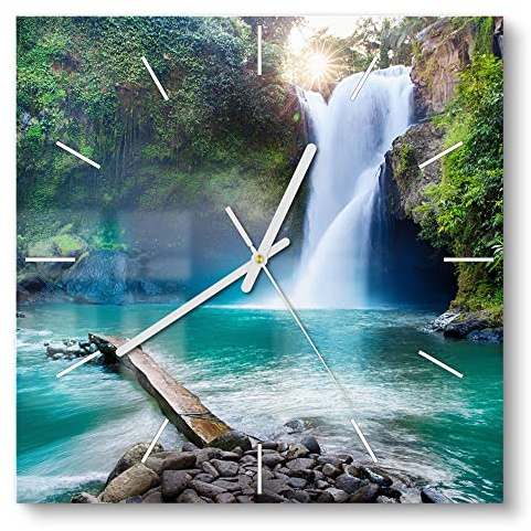 DEQORI Glasuhr | 30x30 cm | Motiv Tegenungan Wasserfall | ausgefallene leise Design Uhr aus Glas | Wanduhr für Wohnzimmer & Küche | moderne Hingucker Uhr für die Wand