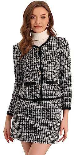 Allegra K Ensemble de costume 2 pièces pour femme - Blazer court en tweed à carreaux - Ensemble veste et jupe, Noir , S