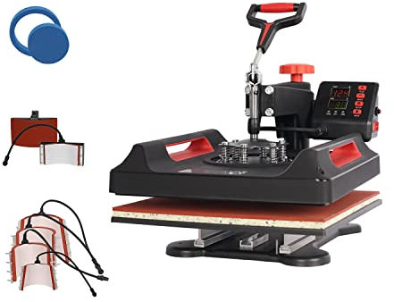 UKPRESS Heat Press Machine 8 in 1 38x38cm Sublimation Printing Swing Away 360 Degree for T Shirts Mug Hat Plate Cap Mouse Pads Dual Digital Control Multifunctional (Red)