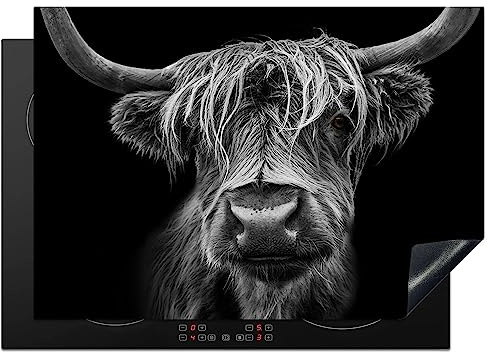 KitchenYeah© Induction Hob Protector Mat Stove Cap Top Cover Kitchen Cooker | 20.5x29. / 75x52 cm - Covers for Electric Hobs Vinyl Scottish Highlander - Horns - Black - White - Cow