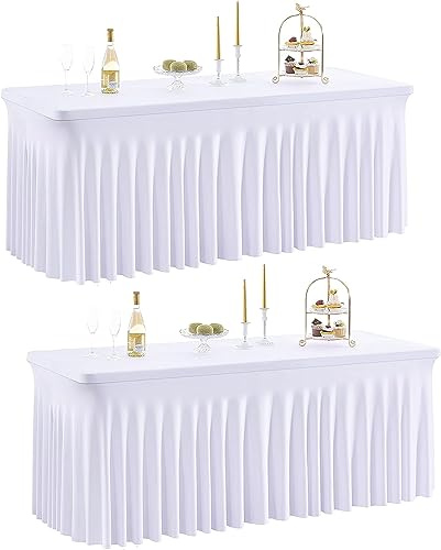 NSSONBEN 2-Pack Weiß Spandex Tischdecke für 180cm Rechteck Tische, Faltenfreie Stretch Tischdecke mit Rock für Bankett Party Hochzeit Geburtstag Meeting Display Dekoration Tischdecken