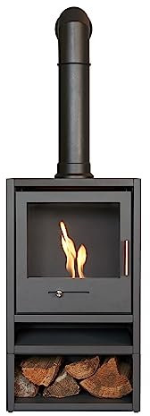 OKO S1 Bio Ethanol Stove with Log Storage in Charcoal Grey & Tall Angled Stove Pipe