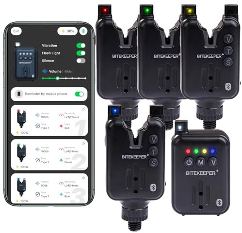 RIPPTON BITEKEEPER PRO Wiederaufladbarer intelligenter Bissanzeiger mit Receiver im Set 4+1, Bluetooth-Verbindung über APP, Bissanzeiger für Tag- und Nachtangeln auf Karpfen.
