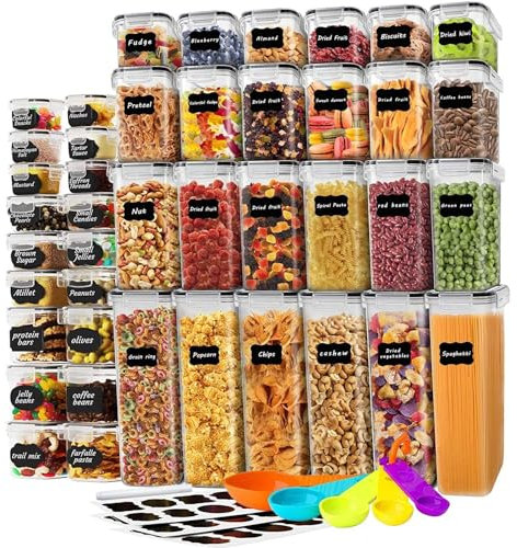 stusgo Set of 42 Airtight Food Storage Containers & Kitchen Storage Containers, BPA-Free Plsastic Containers for Dry Food, Flour & Sugar, with Labels, Marker & Spoon (Black)