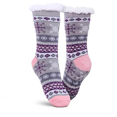 hemmy Haussocken - Stoppersocken mit Teddyfutter - Hüttensocken mit Anti-Rutsch-Sohle - ABS Norweger Socken Zopfmuster - Kuschelsocken Einheitsgröße (Grau/Rosa (Schneeflocke))