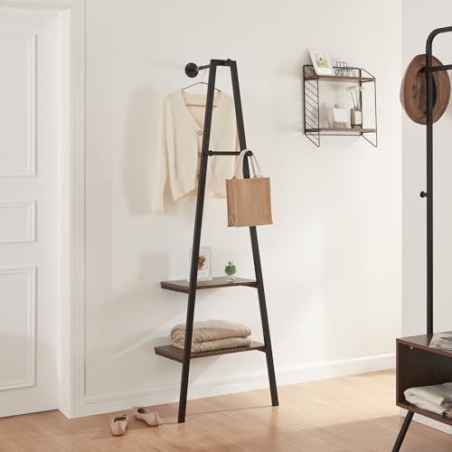 [en.casa] Wandgarderobe Bjørnafjorden Garderobenständer mit einer Kleiderstange 2 Ablagen Flurgarderobe mit 3 Haken Garderobe Metall Schwarz Walnuss-Optik Kleiderständer 174 x 56 x 40 cm