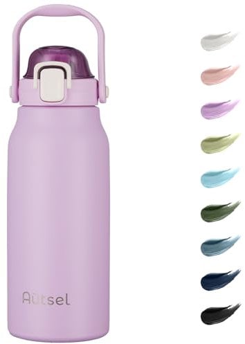 Autsel 1.7L Stainless Steel Water Bottle with Straw - Large Metal Flask with Handle - Double Walled Insulated Sports Bottle - Leakproof for Gym Sports