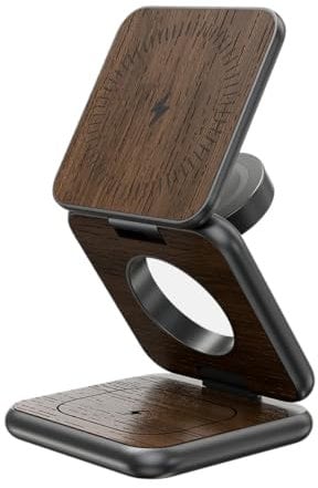 KU XIU X40 Chargeurs Induction Pliable 3 en 1, Station de Charge sans Fil pour iPhone série 16/15/14/13/12, 5W pour Apple Watch et AirPods 3/2/Pro, Chargeur Magnétique Portable - Grain de Bois