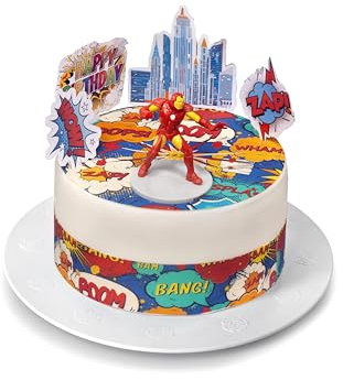 Kardasis Iron Man Tortenaufleger | Essbarer Aufleger für Torten | Tortendekoration für den Iron Man Themengeburtstag | 20 cm rund Zuckerpapier + 4 Bänder 28x4 cm + 5 Papierfiguren + 1 3d figur