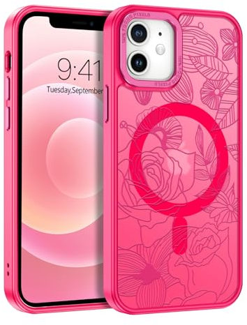 VENINGO for iPhone 12 Case, for iPhone 12 Pro Case Magnetic Compatible with MagSafe Rose Pattern Flower Matte Translucent Back Shockproof Slim Fit Protective Cover, Hot Pink