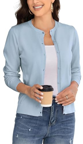 BERESIA Ladies Cardigan Womens Knit Sweater with Buttons Round Neck Crewneck Coat Elegant, Light Blue S