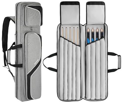 Jaffzora Billardqueue-Tasche für 4 x 5, Pool-Stick-Tragetasche für 4 Hintern und 5 Schäfte, Billardqueue-Tasche mit 14 Taschen und Schultergurten, Grau (nur Tasche)