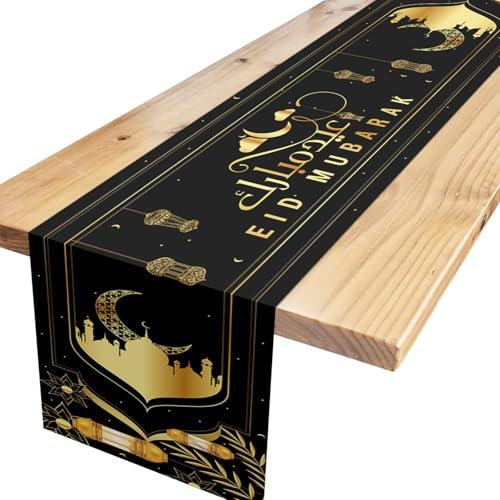 Eid Mubarak Tischläufer,Schwarz Gold Eid Mubarak Tischläufer Eid Mubarak Moschee Tischdecken Ramadan Tischdeko für Muslim Islamisch Party Dekoration 180 x 35cm