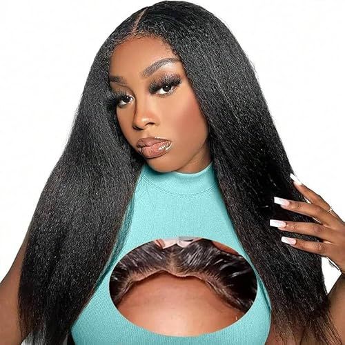 Wear and Go Human Hair Wig Pre Cut 4×4 Lace Glueless Wig Yaki Echthaar Prücke Lace Front Human Hair Wigs Brazilian Virgin Hair 180% Density Natural Colour 16 Inches