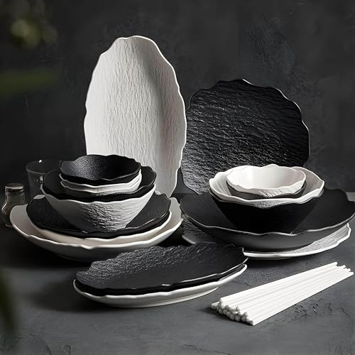 Piatti Eleganti Piatti Moderni Set di Stoviglie Bianche E Nere con Motivo in Pietra Design Semplice (40 Pieces Mixed)