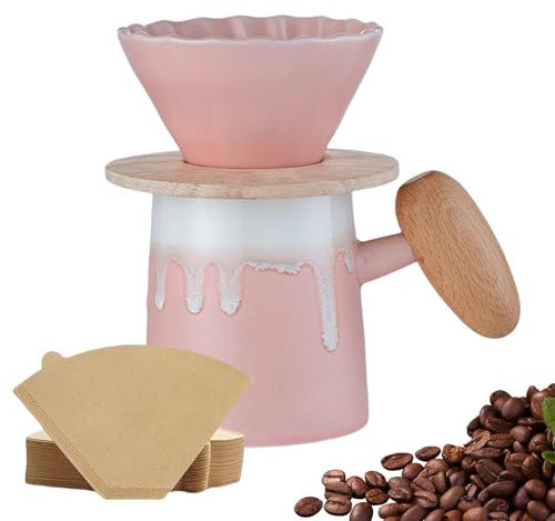 Pasdrucn Kaffeefilter Wiederverwendbar, Kaffeefilter Porzellan Mit Tasse Set, Kaffeekanne Mit Filter, Pour Over Kaffee-Tropfer, Pour Over Kaffeebereiter Mit Keramikbecher ür Zuhause, Café (Rosa)